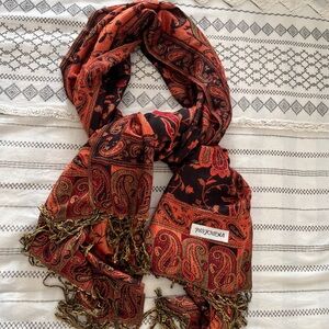 Pashmina Black and Burnt Orange Paisley Fringe Wrap/Scarf- OS